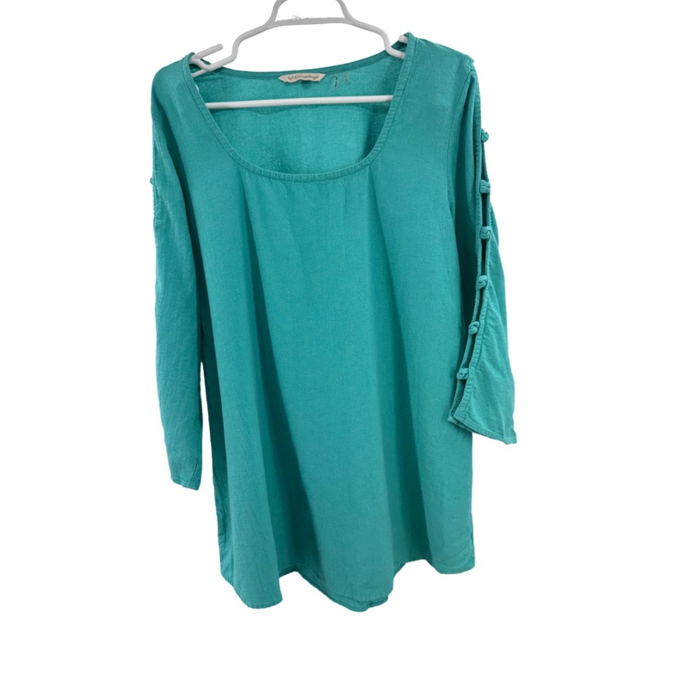 Soft Surroundings teal Cut Out 3/4 sleeve Blouse tunic L cotton casual vacation